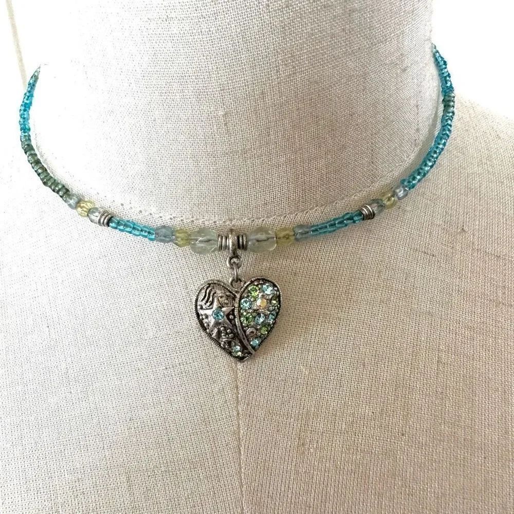Blue beaded rhinestone heart choker necklace